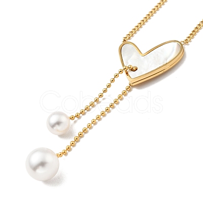 Synthetic White Shell Heart with Plastic Pearl Pendant Necklace NJEW-G036-05G-1