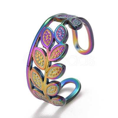 Rainbow Color Ion Plating(IP) 304 Stainless Steel Leaf Wrap Open Cuff Ring for Women RJEW-A005-10-1