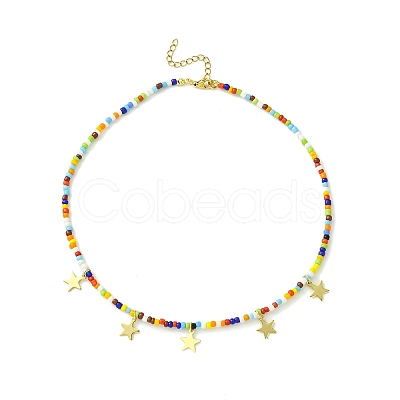 304 Stainless Steel Star Charms Bib Necklace with Glass Seed Beaded Chains NJEW-TA00103-1