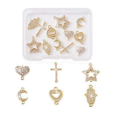 12Pcs 6 Styles Brass Micro Pave Clear Cubic Zirconia Connector Charms KK-TA0001-14-1