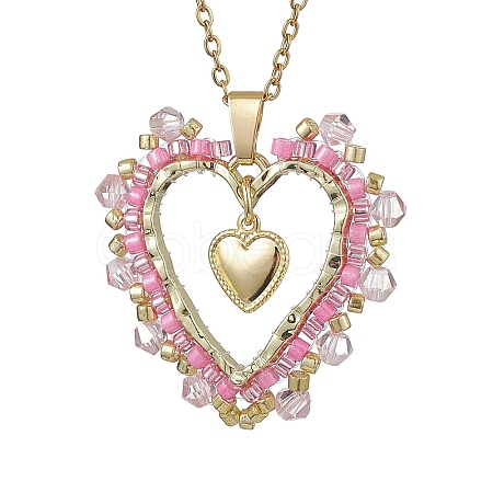 Seed Beads & Glass Heart Pendant Necklaces NJEW-MZ00043-1