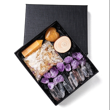 Natural Yellow Aventurine & Quartz Crystal & Amethyst Bullet & Heart & Nugget & Chips Gift Box WG94197-07-1