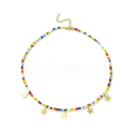 304 Stainless Steel Star Charms Bib Necklace with Glass Seed Beaded Chains NJEW-TA00103-1