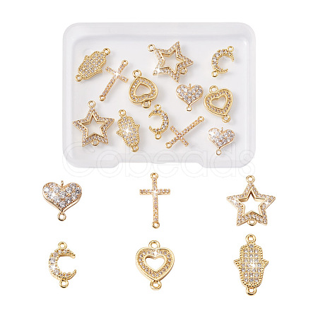 12Pcs 6 Styles Brass Micro Pave Clear Cubic Zirconia Connector Charms KK-TA0001-14-1