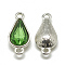 Alloy Glass Links connectors, teardrop, Platinum, Green, 21x10x5~6mm, Hole: 2mm