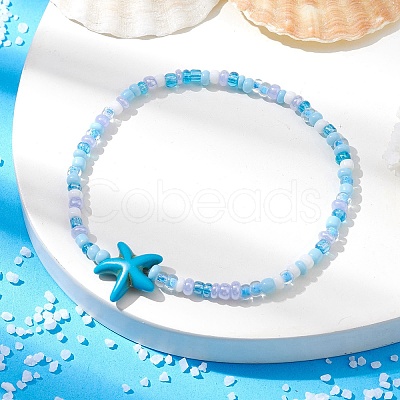 Glass Seed & Synthetic Turquoise Starfish Beaded Stretch Bracelet for Women BJEW-JB09709-01-1