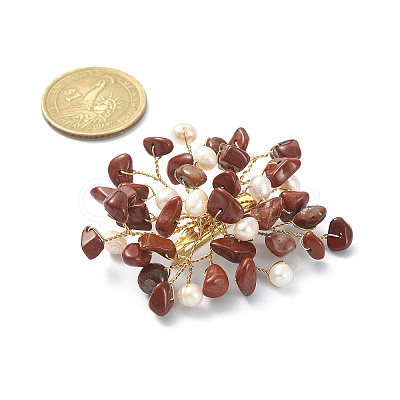 Natural Red Jasper Chips & Pearl Beaded Flower Brooch Pin JEWB-BR00098-02-1