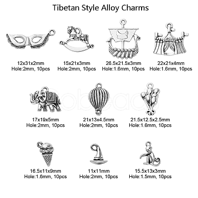 100Pcs 10 Style Tibetan Style Alloy Pendants TIBEP-CJ0001-83-1