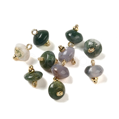 Natural Moss Agate Rondelle Charms with Rack Plating Brass Loops G-G110-05B-07-1