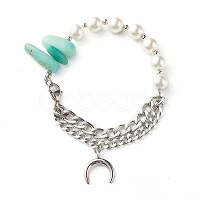 Natural Amazonite & Shell Pearl Beaded Bracelet for Girl Women X1-BJEW-TA00022-1