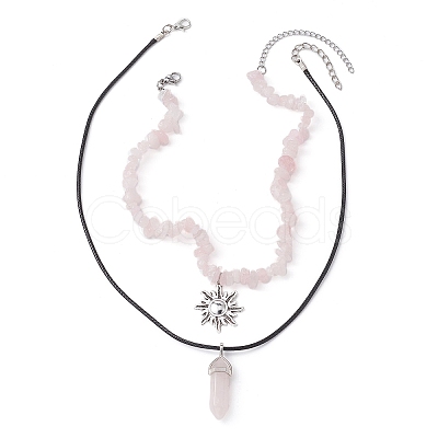 2Pcs 2 Style Natural Rose Quartz Bullet & Alloy Sun Pendant Necklaces Set NJEW-JN04514-04-1