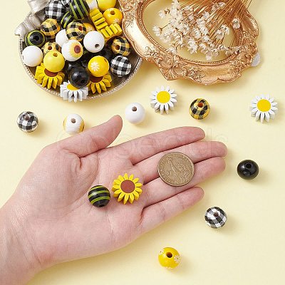 50Pcs 10 Styles Sunflower Theme Printed Wood Beads WOOD-CJ0001-78-1