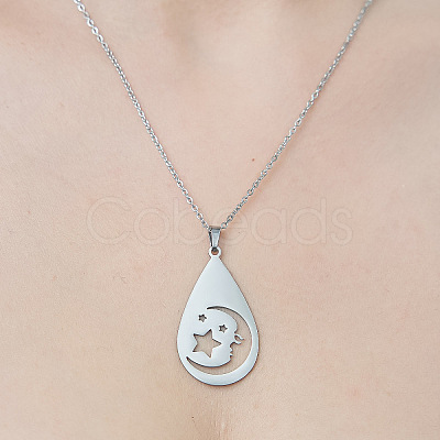 Non-Tarnish 201 Stainless Steel Hollow Teardrop with Moon Pendant Necklace NJEW-OY002-10-1