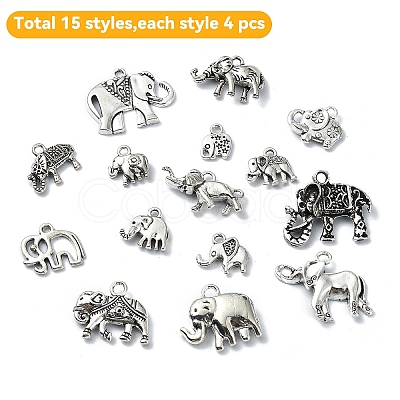 60Pcs 15 Styles Tibetan Style Alloy Elephant Pendants TIBEP-YW0001-83-1