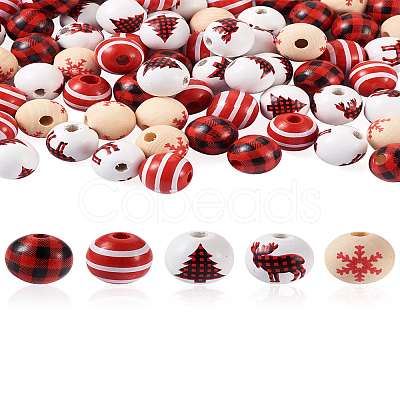 Beadthoven 100Pcs 5 Style Christmas Themed Dyed Natural Wooden Beads WOOD-BT0001-07-1