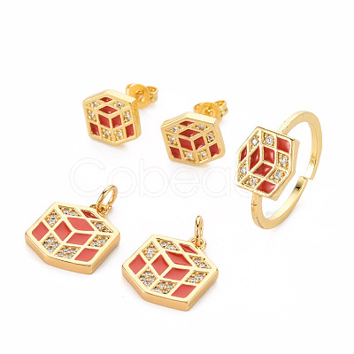 Brass Micro Pave Cubic Zirconia Pendants & Stud Earrings & Cuff Rings Jewelry Sets SJEW-S043-16-NR-1