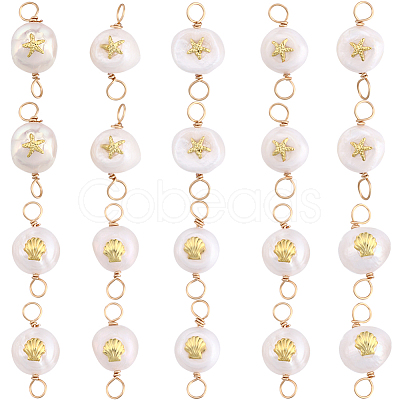 Beebeecraft 20pcs 2 styles Grade AA Natural Cultured Freshwater Pearl Connector Charms with Golden Tone Sea Animal Alloy Slices PALLOY-BBC0001-02-1