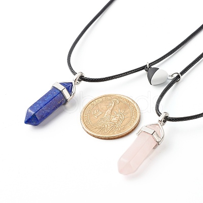 Natural Rose Quartz & Lapis Lazuli Double Terminated Pointed Pendants Necklaces Set for Couples Best Friends NJEW-JN03675-1