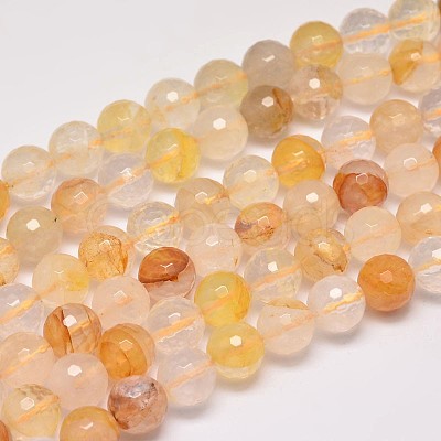 Faceted Natural Yellow Hematoid Quartz Round Beads Strands G-F266-10-8mm-1