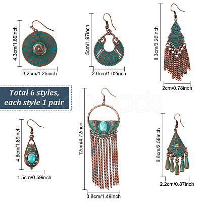 ANATTASOUL 6 Pairs 6 Style Ethnic Style Alloy Dangle Earrings with Iron Pins EJEW-AN0004-48-1