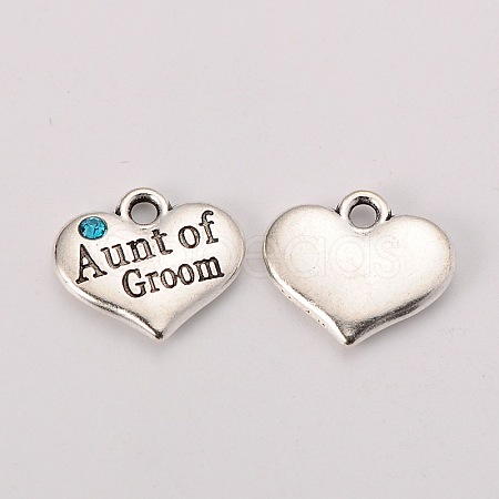 Antique Silver Tone Tibetan Style Heart with Aunt of Groom Rhinestone Charms X-TIBEP-N005-01A-1