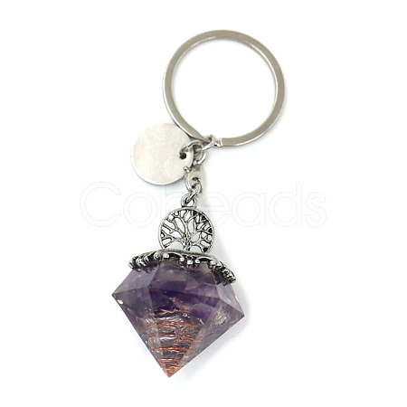 Reiki Energy Natural Amethyst Chips in Resin Diamond Shape Pendant Keychain FIND-PW0017-11F-1