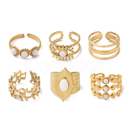 6Pcs 6 Style Butterfly & Horse Eye & Multi Lines 304 Stainless Steel Open Cuff Rings Set RJEW-P092-02G-M-1