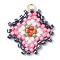 Handmade Glass Seed Beads, Loom Pattern, with 304 Stainless Steel Jump Ring, Rhombus Pendants, Pink, 23.5x21.5x2mm, Hole: 2.5mm