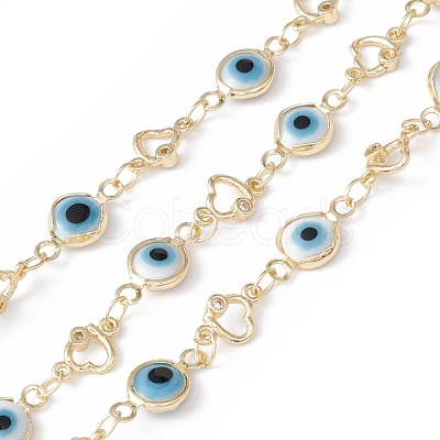 Handmade Eco-friendly Brass Enamel Flat Round with Evil Eye & Heart Link Chain CHC-E025-28G-1