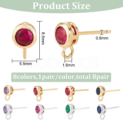 BENECREAT 8 Pairs 8 Color Brass Micro Pave Cubic Zirconia Stud Earring Findings KK-BC0011-48-1