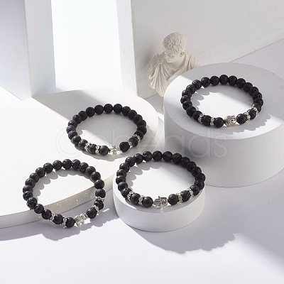 Round Natural Lava Rock with Alloy Beads Stretch Bracelet BJEW-JB07459-1