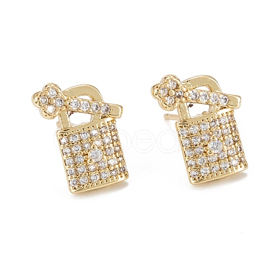 Padlock & Key Sparkling Cubic Zirconia Stud Earrings for Girl Women EJEW-H126-12G-1