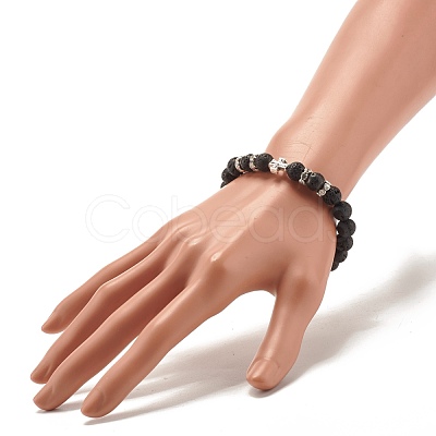 Round Natural Lava Rock with Alloy Beads Stretch Bracelet BJEW-JB07459-1