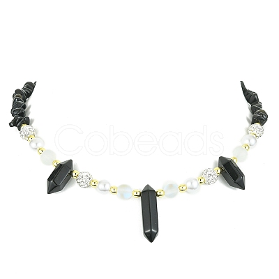 Natural Obsidian Bullet & Synthetic Moonstone Beaded Necklaces NJEW-JN04406-01-1