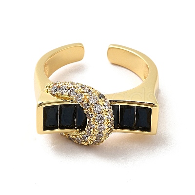 Cubic Zirconia Rectangle with Moon Open Cuff Ring RJEW-C041-06G-01-1