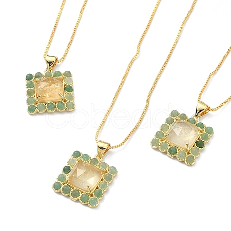 Natural Yellow Agate & Green Aventurine Rectangle Pendant Necklace NJEW-B089-01G-01-1