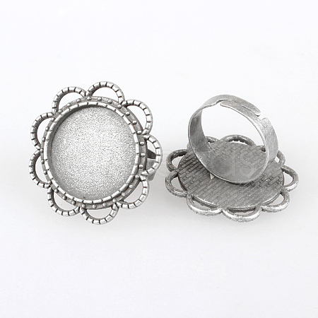 Vintage Adjustable Iron Flower Finger Ring Components Alloy Cabochon Bezel Settings X-PALLOY-O036-06AS-1