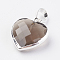 Natural Smoky Quartz Pendants, with Brass Findings, Faceted, Heart, Silver Color Plated, 14~15x12~12.5x4.5~5.5mm, Hole: 4x6mm