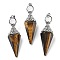 Natural Tiger Eye Faceted Cone Big Pendants, with Rack Plating Alloy Findings, Platinum, 61x18.5x17mm, Hole: 8x5mm