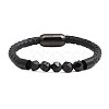 Men's Black Onyx Stone Beaded Bracelet with Magnetic Clasp Leather Weave Jewelry ST1787431-1