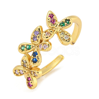 Flower Rack Plating Brass Micro Pave Cubic Zirconia Open Cuff Rings for Women RJEW-N047-01G-RS-1