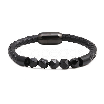 Men's Black Onyx Stone Beaded Bracelet with Magnetic Clasp Leather Weave Jewelry ST1787431-1