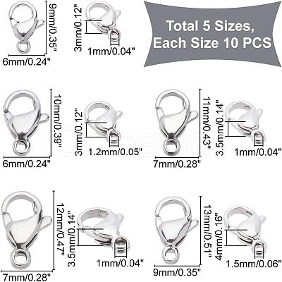 Unicraftale 50Pcs 5 Style Stainless Steel Lobster Claw Clasps STAS-UN0029-87-1