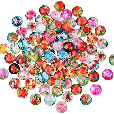 100Pcs Flower Printed Glass Cabochons sgGGLA-SZ0001-19-1