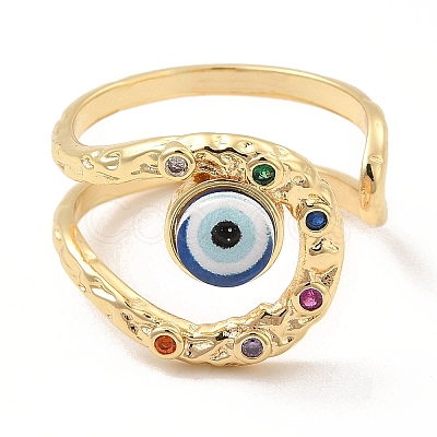 Resin Evil Eye Open Cuff Ring with Cubic Zirconia RJEW-E069-02G-07-1