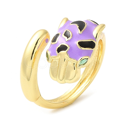 Enamel Leopard Open Cuff Ring with Cubic Zirconia RJEW-Q168-01G-1