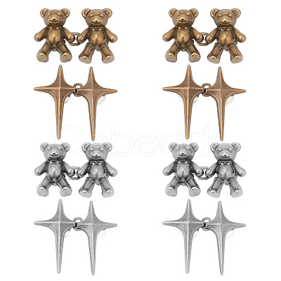 DELORIGIN 8Pcs 4 Style 4 Pointed Star & Bear Alloy Adjustable Jean Button Pins AJEW-DR0001-33-1