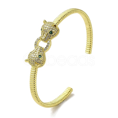 Brass Pave Clear & Green Cubic Zirconia Leopard Open Cuff Bangle for Women BJEW-K246-22B-G-1