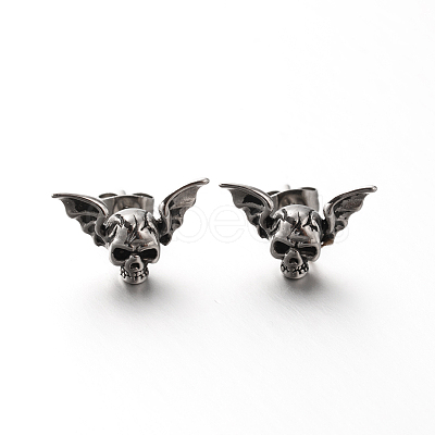 Retro 304 Stainless Steel Skull with Wing Ear Studs EJEW-P057-39-1