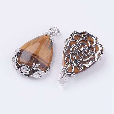 Teardrop with Flower Platinum Plated Brass Natural Tiger Eye Pendants G-F228-37E-RS-1